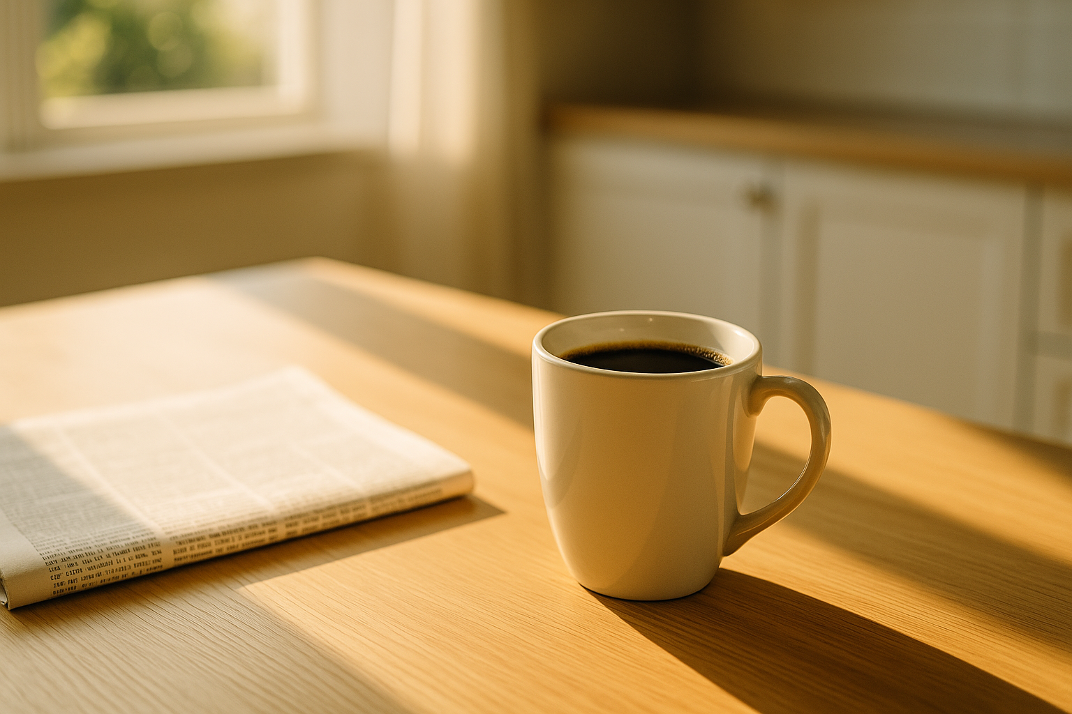 Een kop zwarte koffie in een lichte keuken met zonlicht,