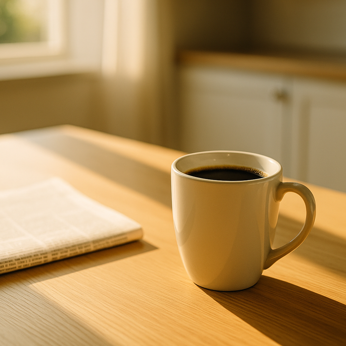 Een kop zwarte koffie in een lichte keuken met zonlicht,