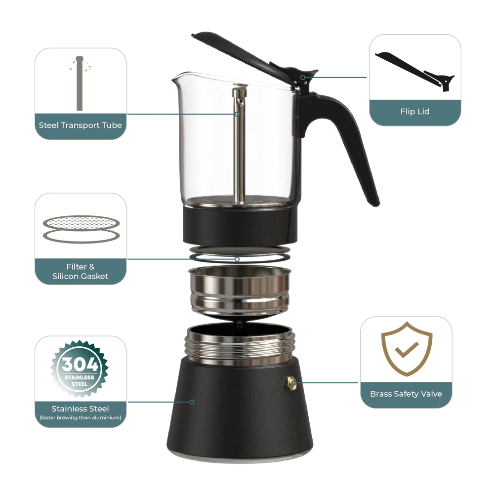 Joy Resolve ClearBrew Moka Pot voor alle hitte bronnen – zwart – 240 ml